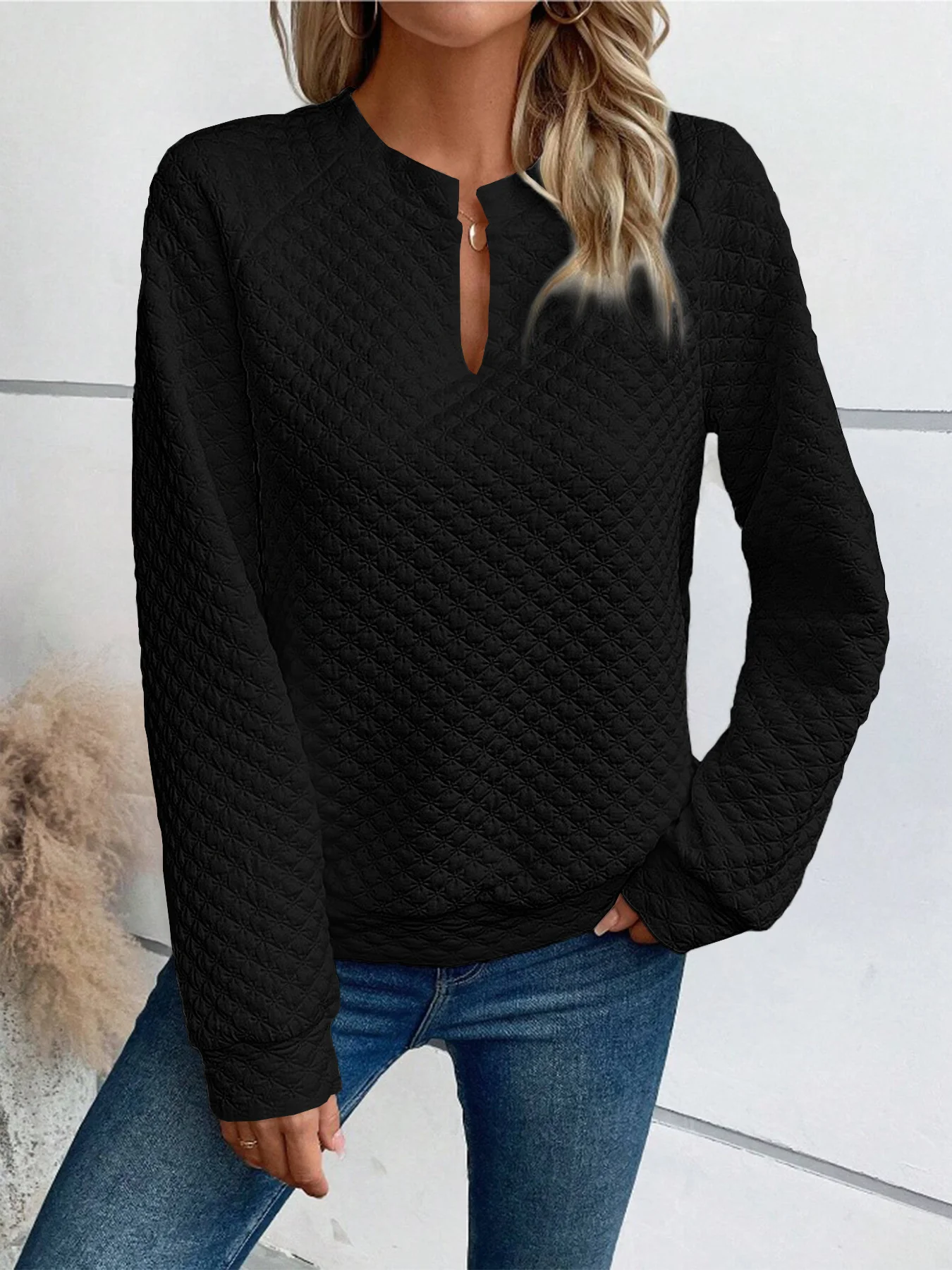 Women's V Neck Plain Zipper Casual Spring/Fall Long Sleeve Sweatshirt