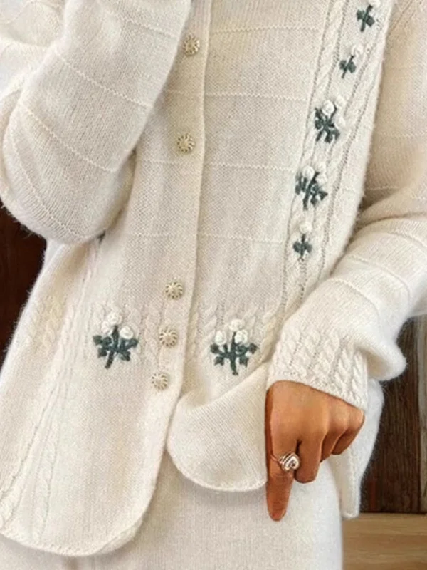 Women's Casual Winter Floral Yarn/Wool Yarn Buttoned Cardigan