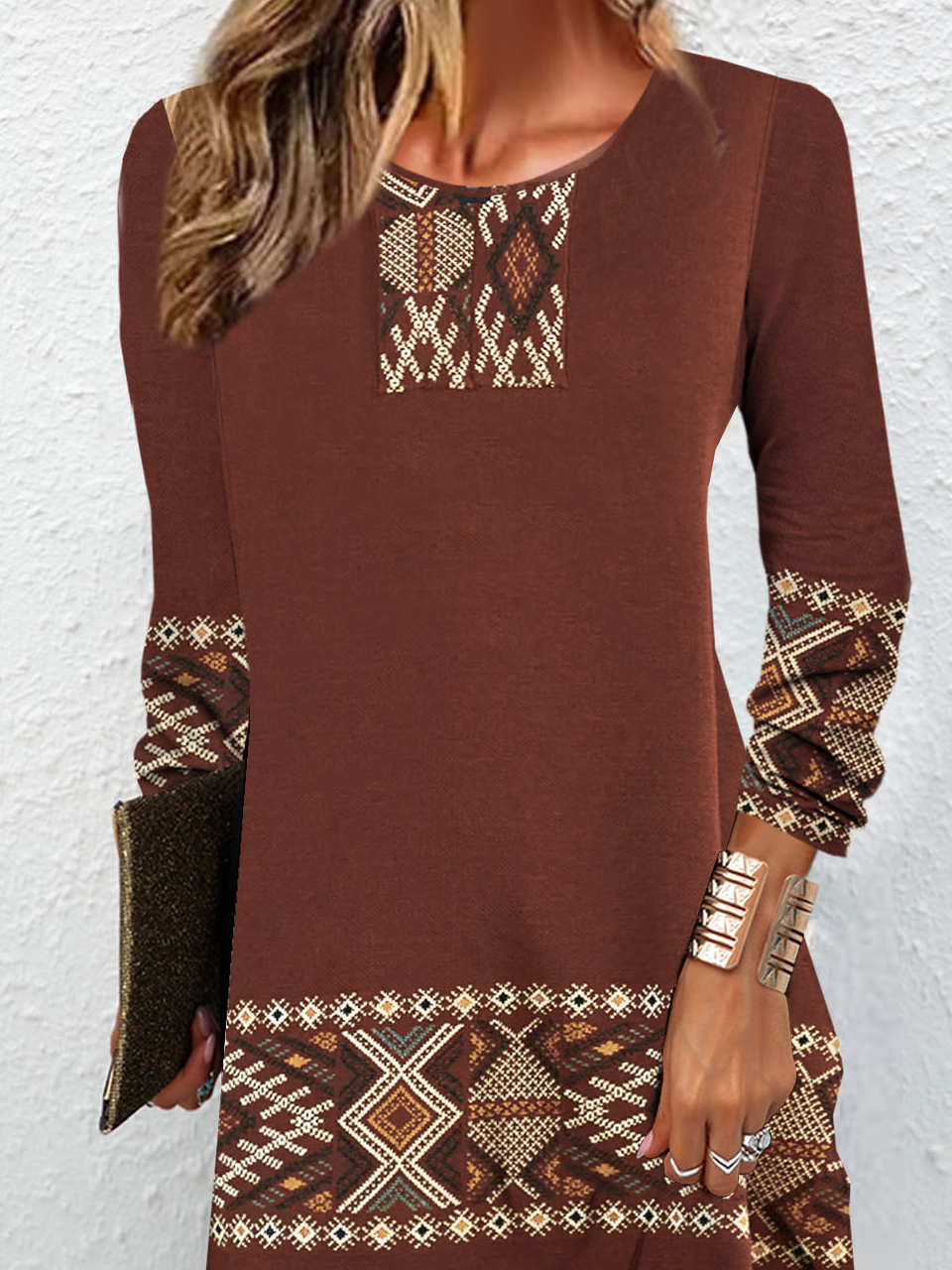 Women's Long Sleeve Spring/Fall Ethnic Jersey Dress Crew Neck Daily Going Out Vintage Mini H-Line T-Shirt Dress