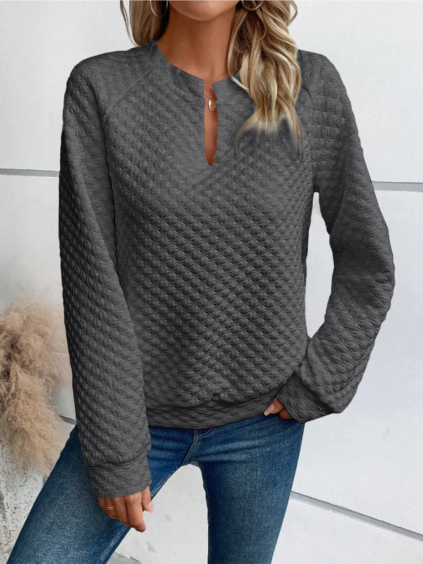 Women's V Neck Plain Zipper Casual Spring/Fall Long Sleeve Sweatshirt