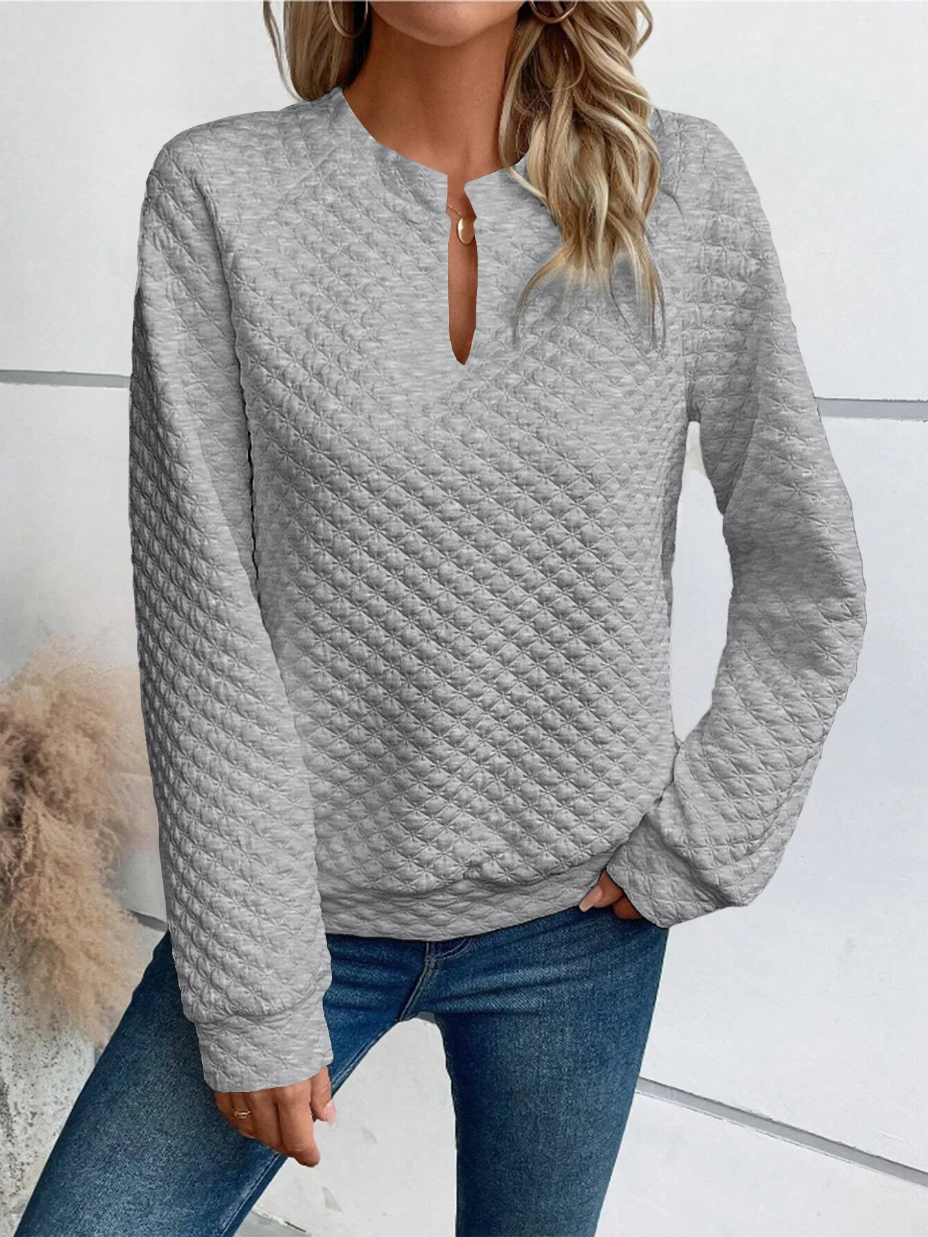 Women's V Neck Plain Zipper Casual Spring/Fall Long Sleeve Sweatshirt