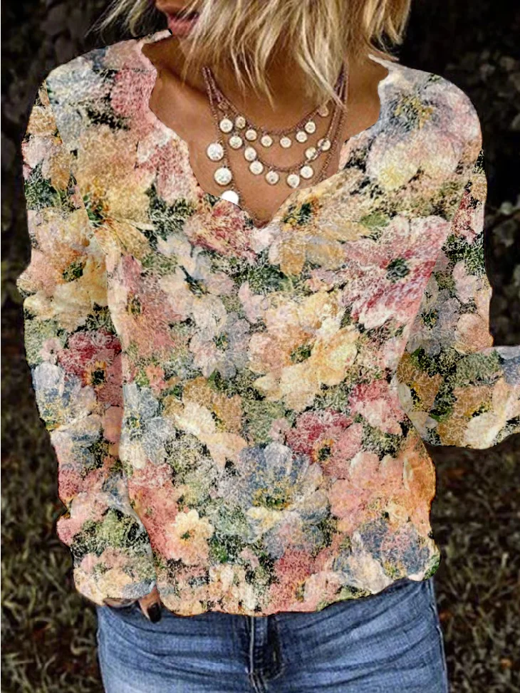 Women's Long Sleeve Blouse Spring/Fall Floral V Neck Daily Going Out Casual Top