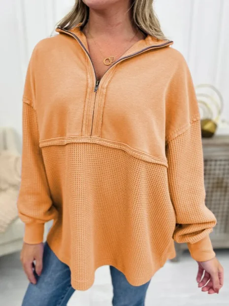 Women's Shawl Collar Plain Zipper Casual Spring/Fall Long Sleeve Sweatshirt