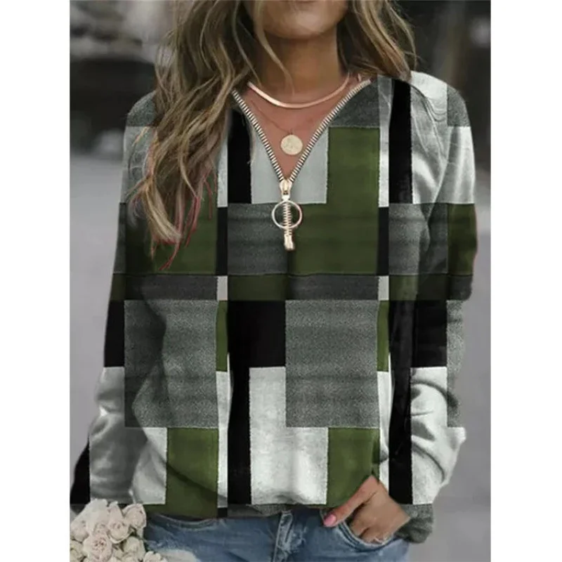 Women's Hoodie Plaid Zipper Casual Spring/Fall Fluff/Granular Fleece Fabric Long Sleeve Sweatshirt