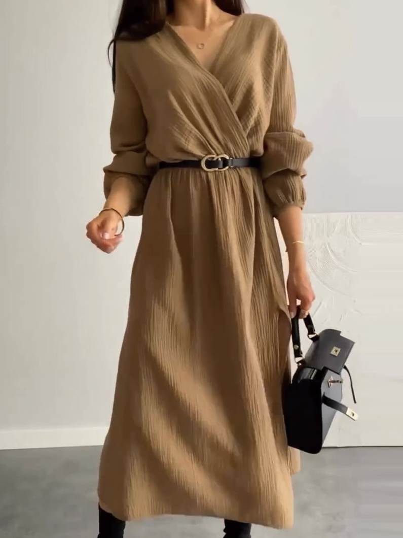 Women's Long Sleeve Spring/Fall Plain Dress V Neck Daily Going Out Casual Midi H-Line