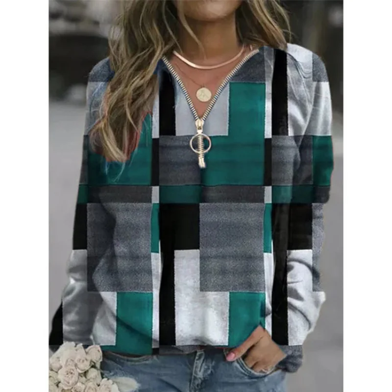 Women's Hoodie Plaid Zipper Casual Spring/Fall Fluff/Granular Fleece Fabric Long Sleeve Sweatshirt