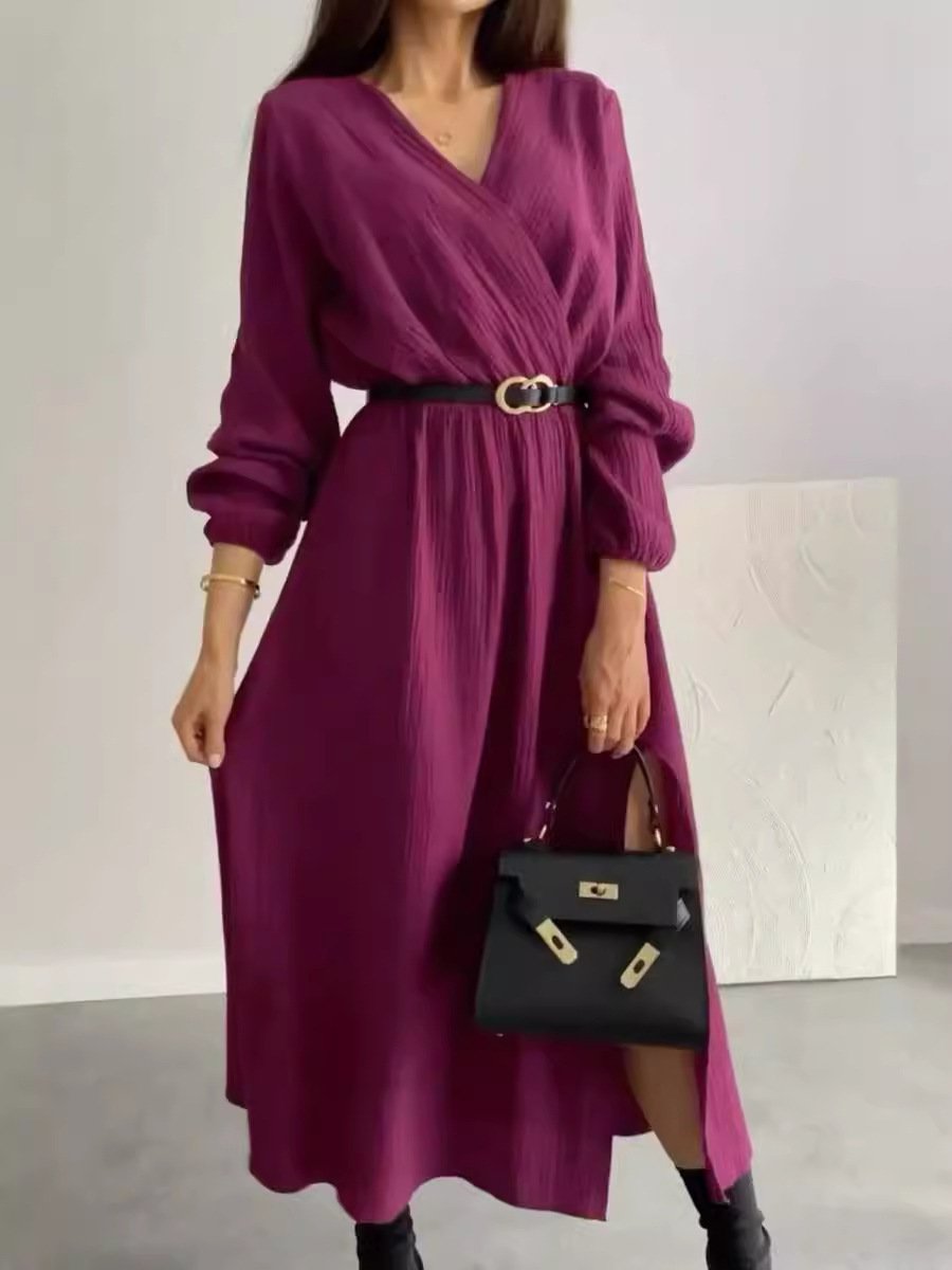 Women's Long Sleeve Spring/Fall Plain Dress V Neck Daily Going Out Casual Midi H-Line