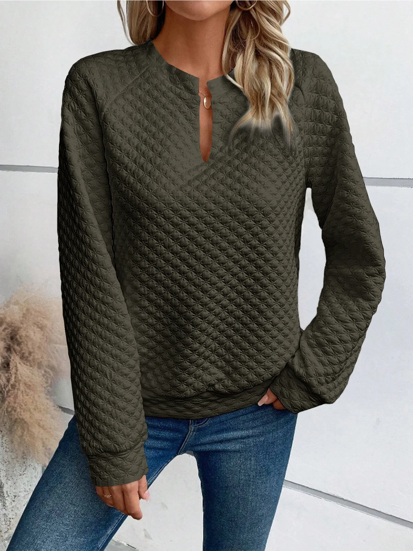 Women's V Neck Plain Zipper Casual Spring/Fall Long Sleeve Sweatshirt