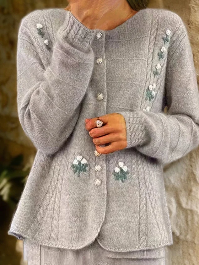 Women's Casual Winter Floral Yarn/Wool Yarn Buttoned Cardigan