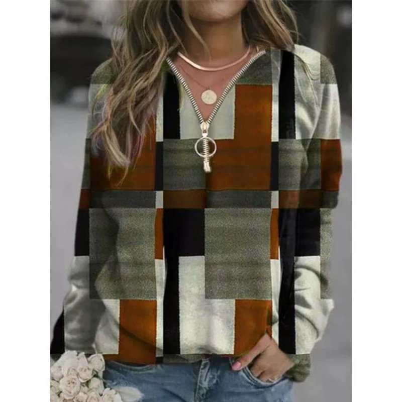 Women's Hoodie Plaid Zipper Casual Spring/Fall Fluff/Granular Fleece Fabric Long Sleeve Sweatshirt