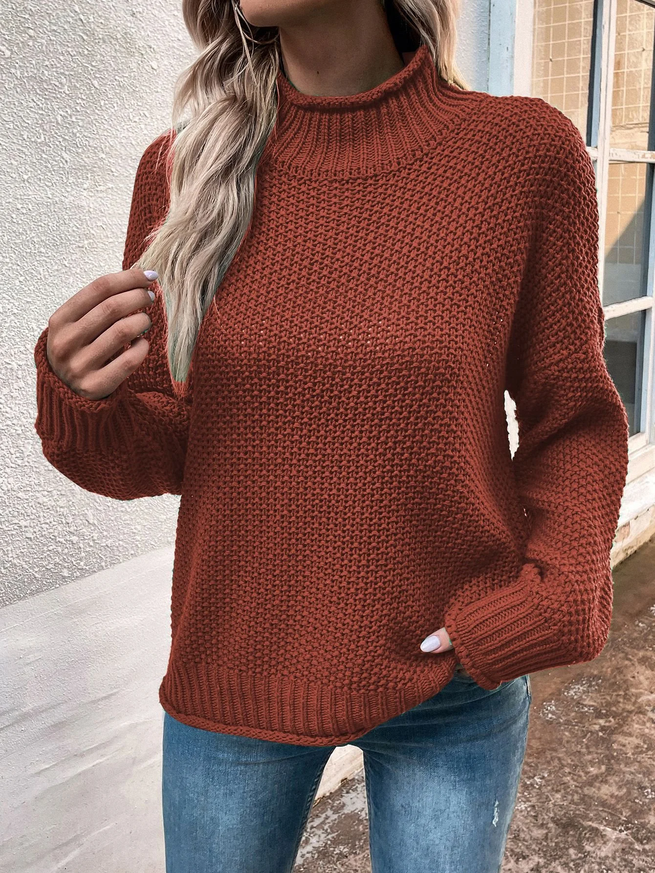 Women's Spring/Fall Plain Casual Long Sleeve Mock Neck Wool/Knitting Sweater