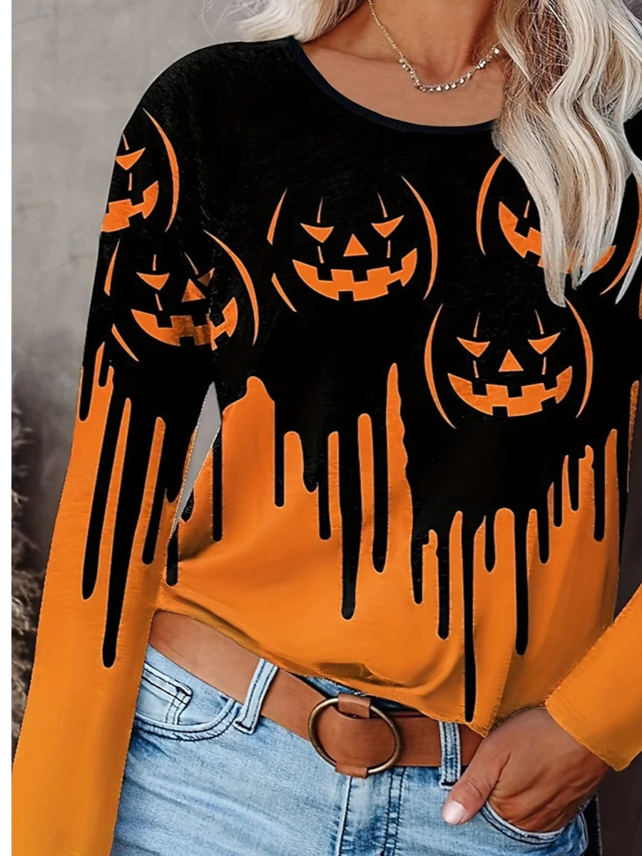 Women's Long Sleeve Tee T-shirt Spring/Fall Halloween Printing Jersey Crew Neck Daily Going Out Casual Top