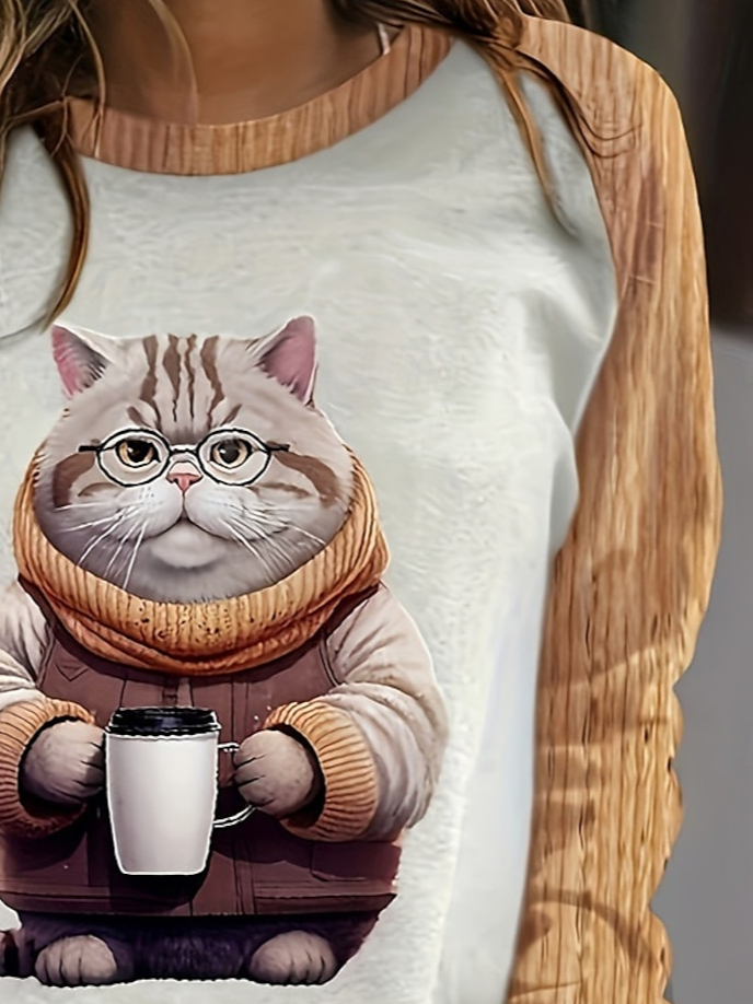 Women's Crew Neck Cat Printing Casual Spring/Fall Long Sleeve Sweatshirt