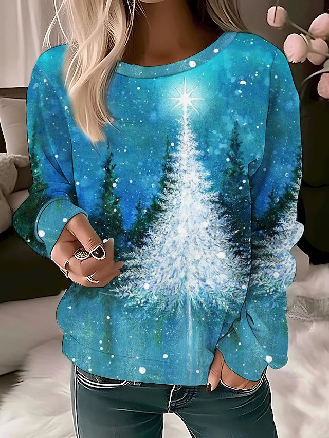 Women's Crew Neck Christmas Tree Printing Casual Spring/Fall Long Sleeve Sweatshirt