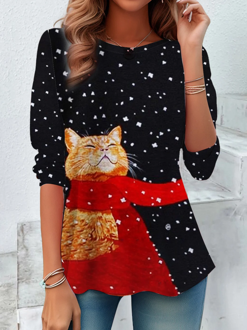 Women's Long Sleeve Tee T-shirt Spring/Fall Cat Printing Jersey Crew Neck Daily Going Out Casual Top