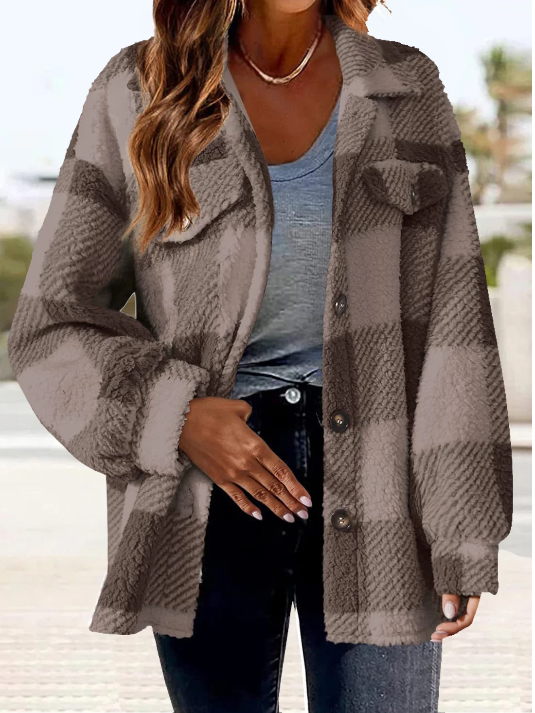 Women's Winter Outerwear Fluff/Granular Fleece Fabric Casual Buttoned Plaid Long Sleeve Shawl Collar Fleece Coat