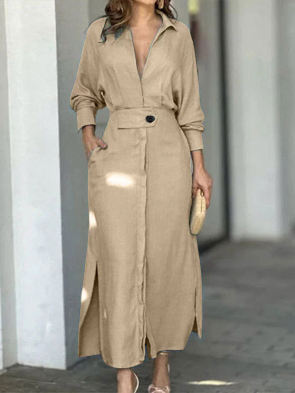 Women's Long Sleeve Spring/Fall Plain Dress Shawl Collar Daily Going Out Casual Maxi H-Line