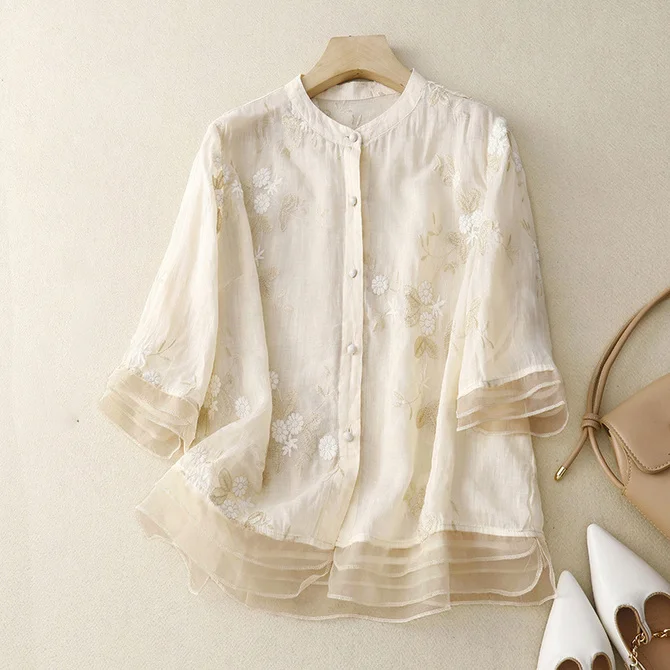 Women's Half Sleeve Shirt Summer Embroidery Patterns Cotton Stand Collar Daily Going Out Casual Top Off White