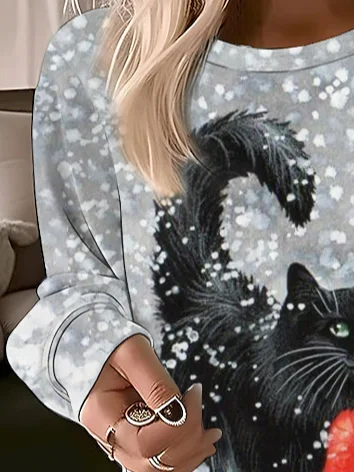 Women's Crew Neck Cat Printing Casual Spring/Fall Long Sleeve Sweatshirt