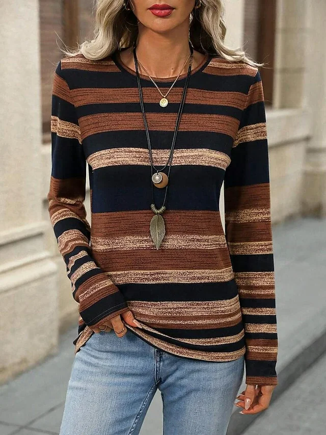 Women's Long Sleeve Tee T-shirt Spring/Fall Striped Jersey Crew Neck Daily Going Out Casual Top