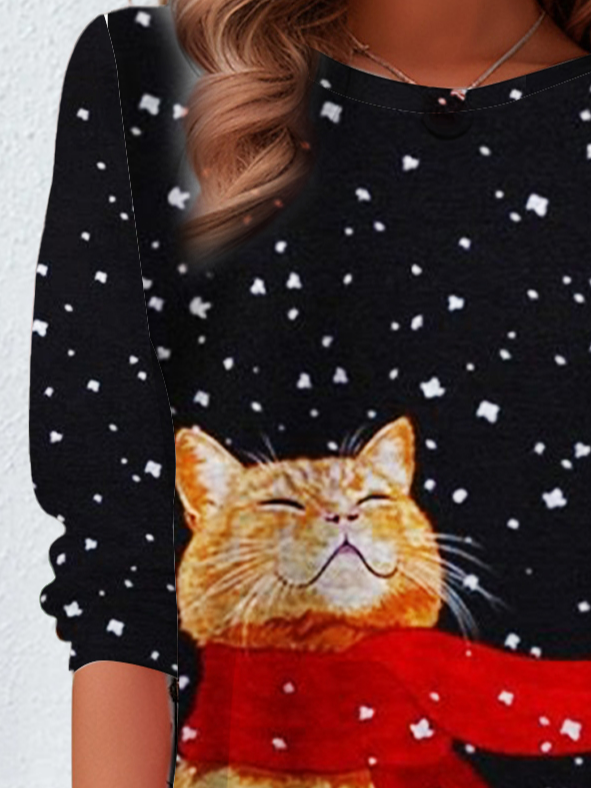 Women's Long Sleeve Tee T-shirt Spring/Fall Cat Printing Jersey Crew Neck Daily Going Out Casual Top