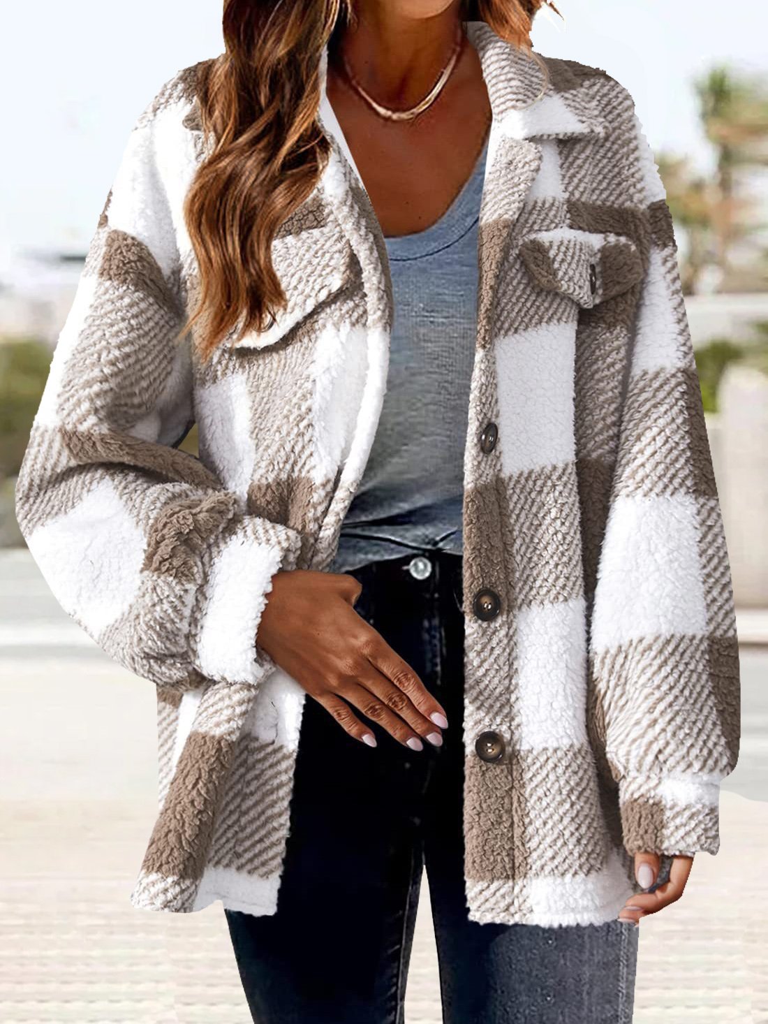 Women's Winter Outerwear Fluff/Granular Fleece Fabric Casual Buttoned Plaid Long Sleeve Shawl Collar Fleece Coat