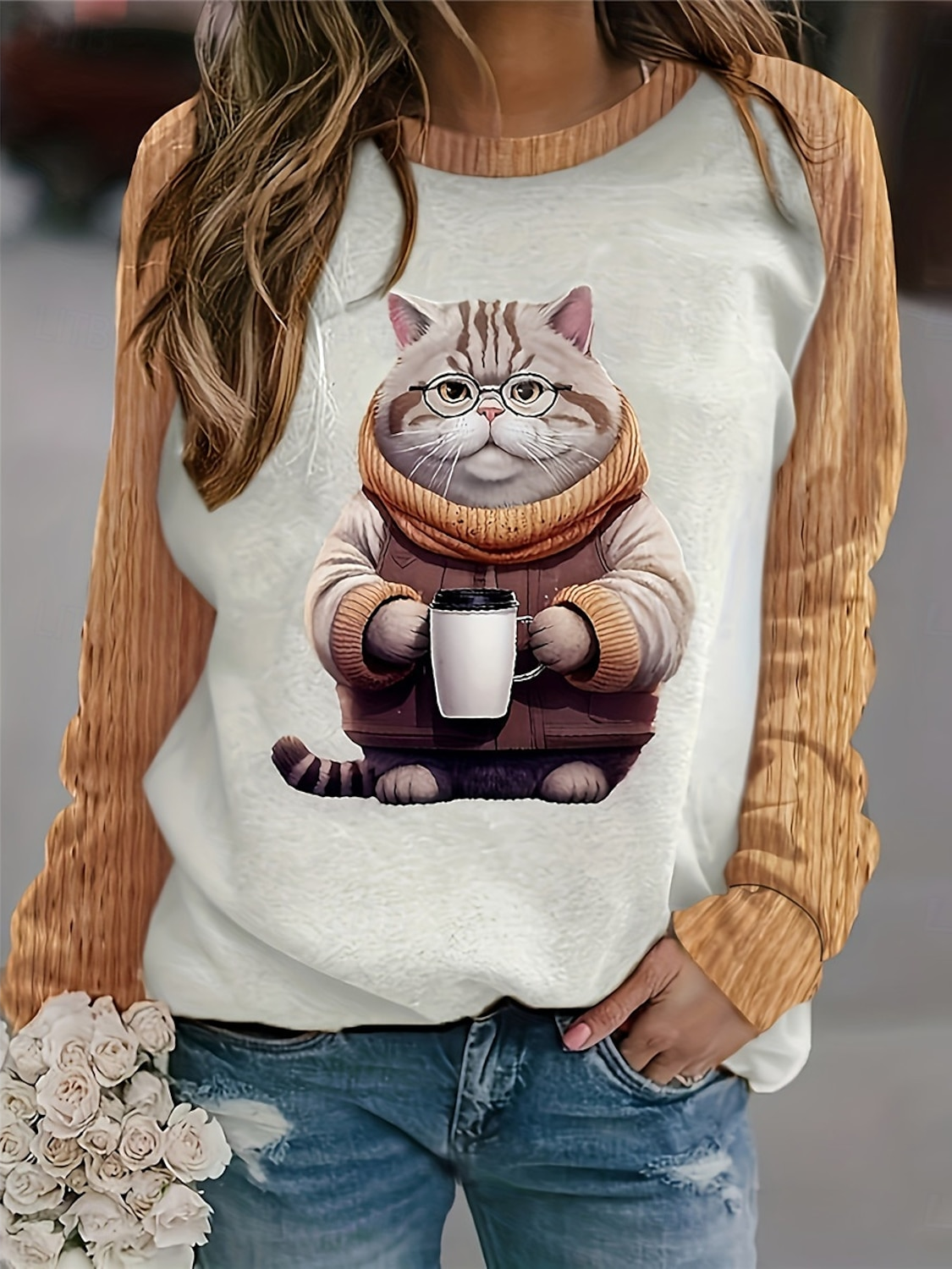 Women's Crew Neck Cat Printing Casual Spring/Fall Long Sleeve Sweatshirt