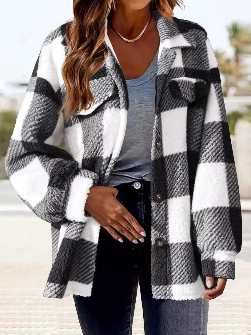 Women's Winter Outerwear Fluff/Granular Fleece Fabric Casual Buttoned Plaid Long Sleeve Shawl Collar Fleece Coat