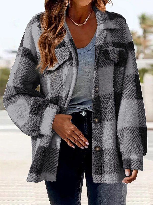 Women's Winter Outerwear Fluff/Granular Fleece Fabric Casual Buttoned Plaid Long Sleeve Shawl Collar Fleece Coat