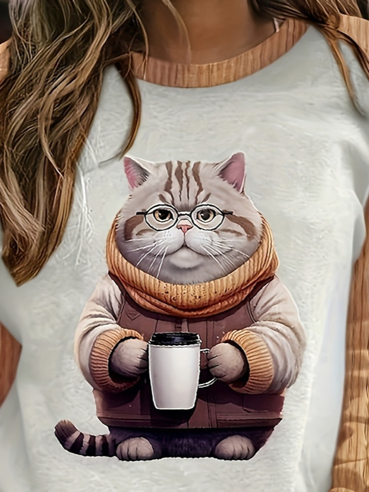 Women's Crew Neck Cat Printing Casual Spring/Fall Long Sleeve Sweatshirt