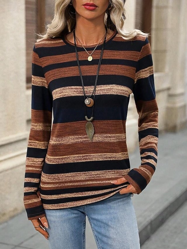 Women's Long Sleeve Tee T-shirt Spring/Fall Striped Jersey Crew Neck Daily Going Out Casual Top