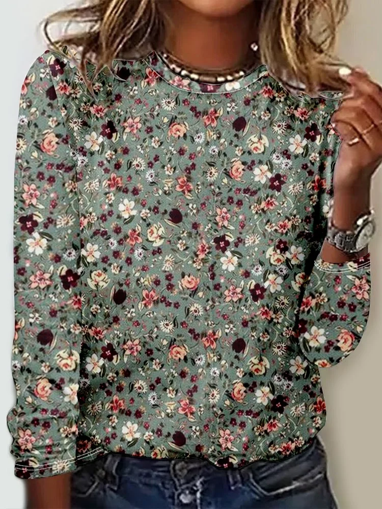 Women's Long Sleeve Tee T-shirt Spring/Fall Floral Crew Neck Casual Top