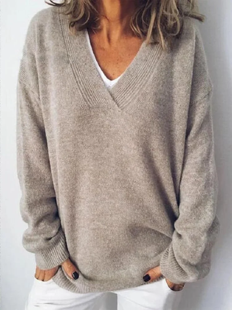 Women's Spring/Fall Plain Casual Long Sleeve V Neck Yarn/Wool Yarn Sweater