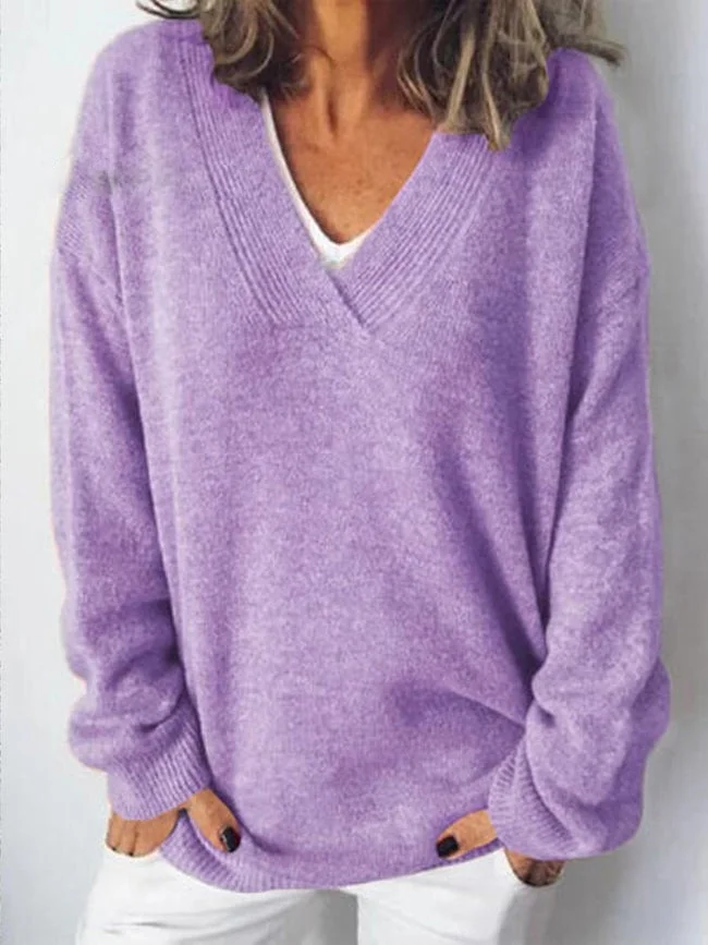 Women's Spring/Fall Plain Casual Long Sleeve V Neck Yarn/Wool Yarn Sweater