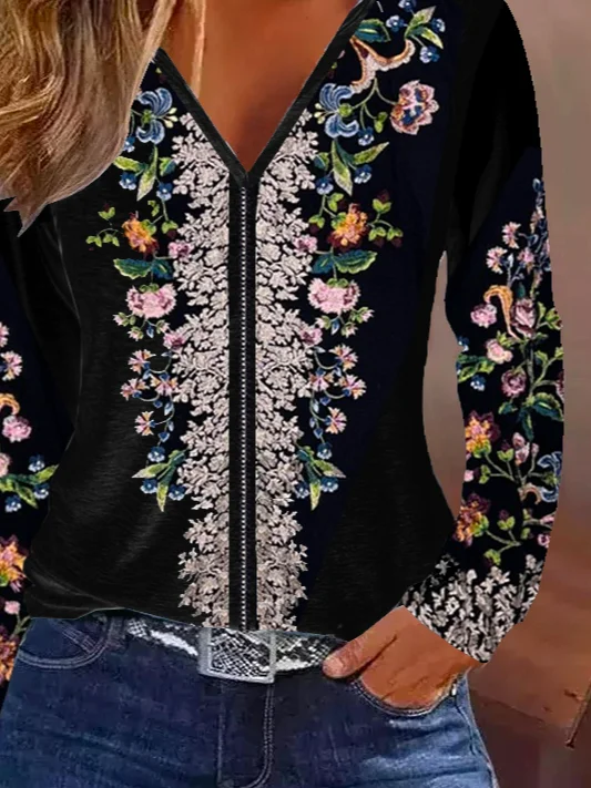 Women's Long Sleeve Tee T-shirt Spring/Fall Floral Jersey V Neck Daily Going Out Casual Top