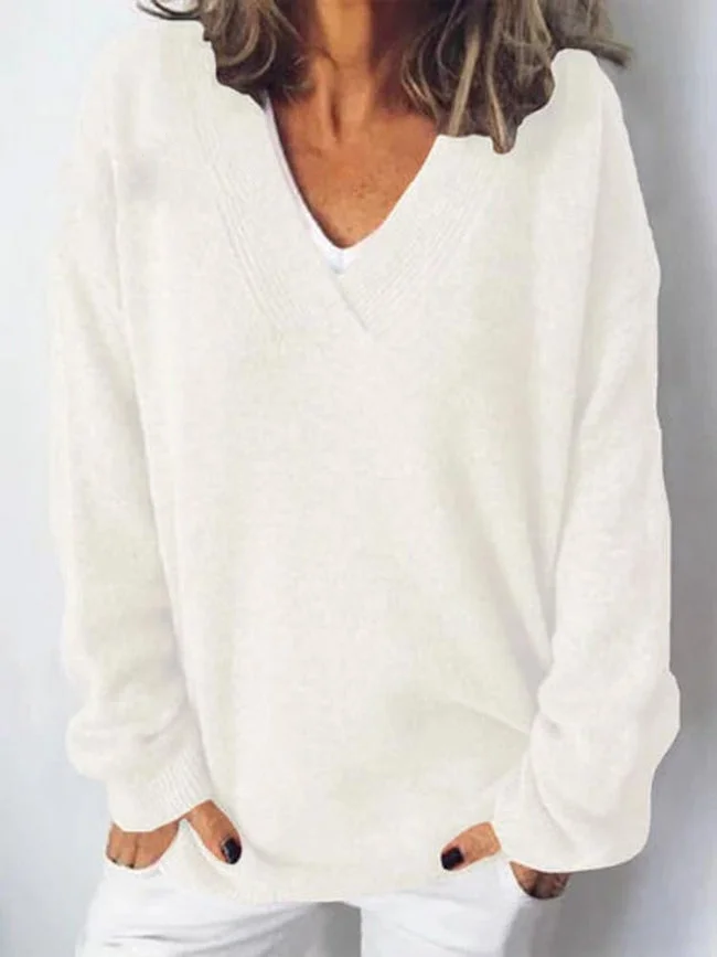 Women's Spring/Fall Plain Casual Long Sleeve V Neck Yarn/Wool Yarn Sweater