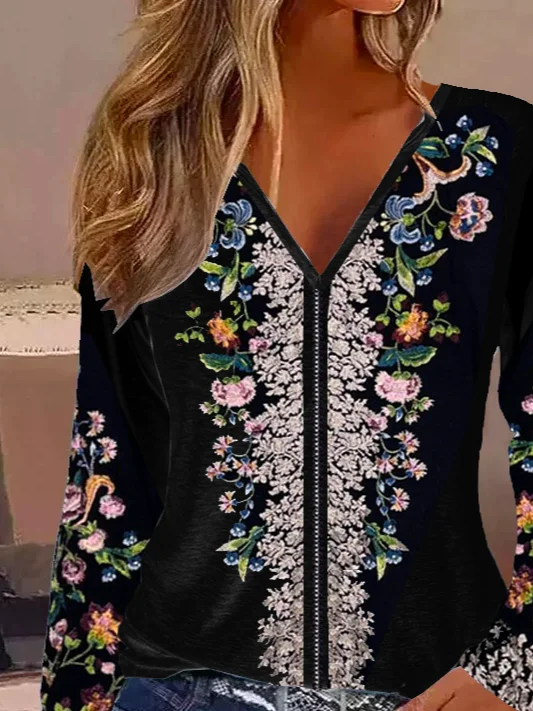 Women's Long Sleeve Tee T-shirt Spring/Fall Floral Jersey V Neck Daily Going Out Casual Top