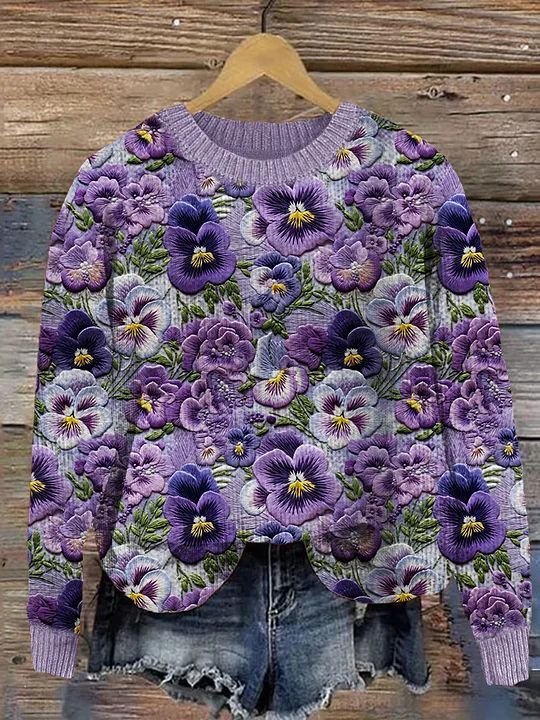 Women's Floral Winter Casual Long Sleeve Crew Neck Knitted Sweater