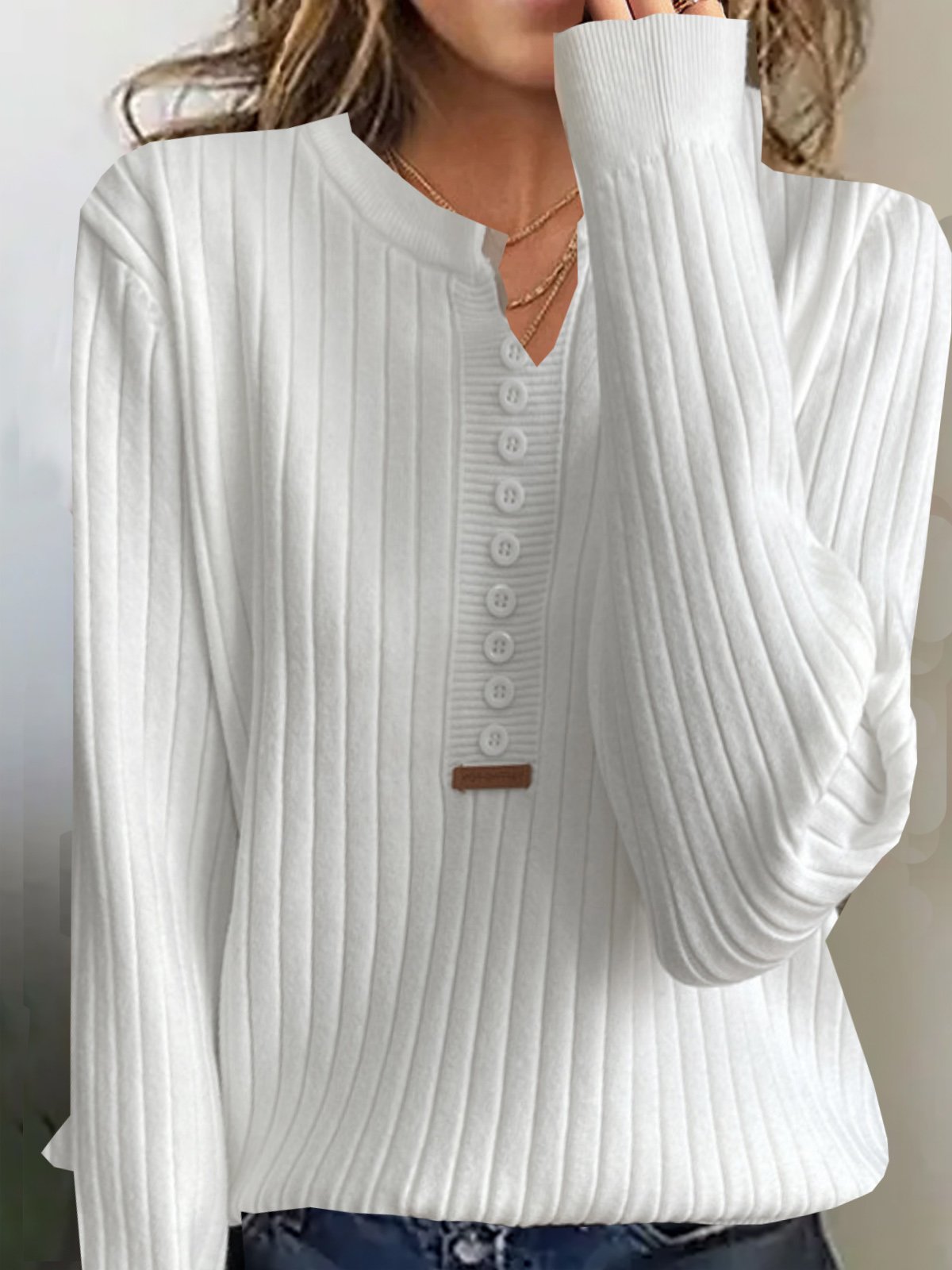 Women's Buckle Spring/Fall Plain Casual Long Sleeve Notched Yarn/Wool Yarn Sweater