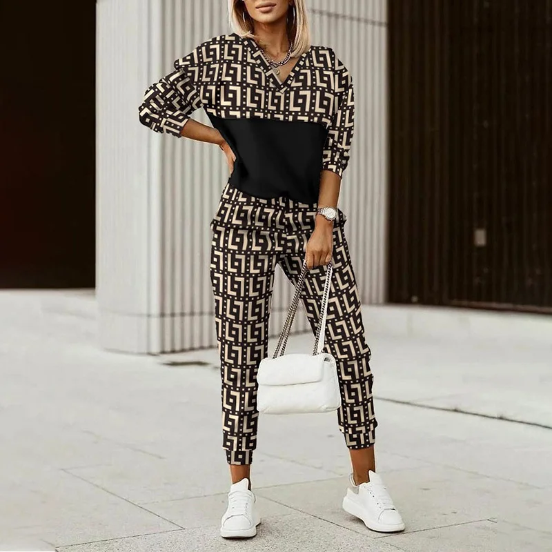 Women's Geometric Daily Going Out Two Piece Set Long Sleeve Casual Spring/Fall Top With Pants Matching Set