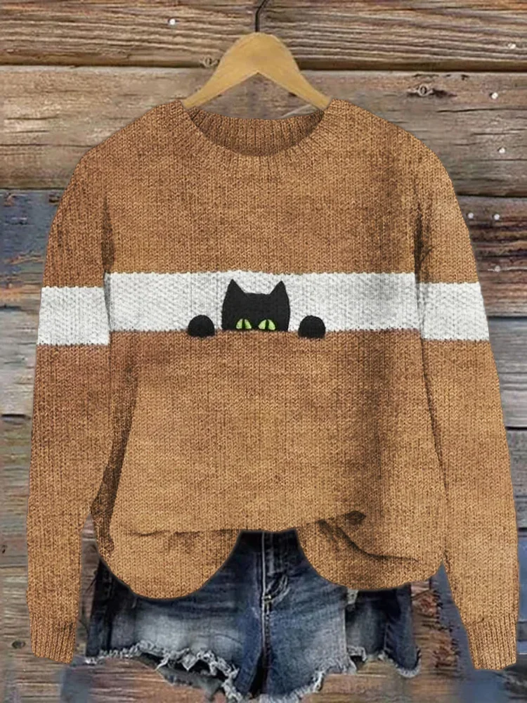 Women's Winter Cat Casual Long Sleeve Crew Neck Knitted Sweater