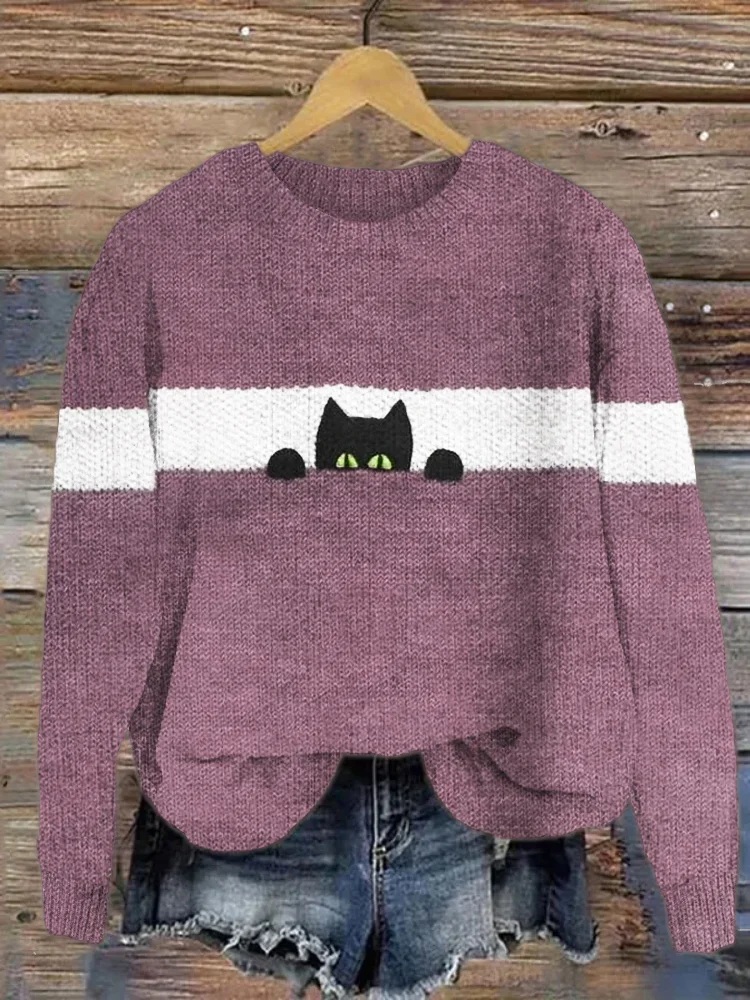 Women's Winter Cat Casual Long Sleeve Crew Neck Knitted Sweater