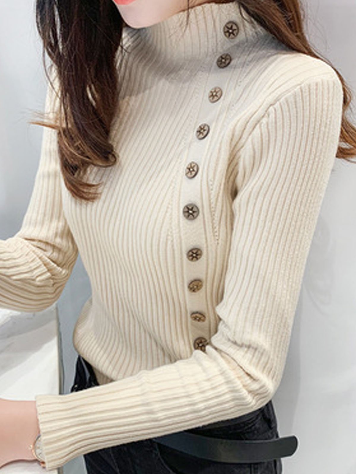 Women's Buckle Winter Plain Casual Long Sleeve Mock Neck Yarn/Wool Yarn Sweater