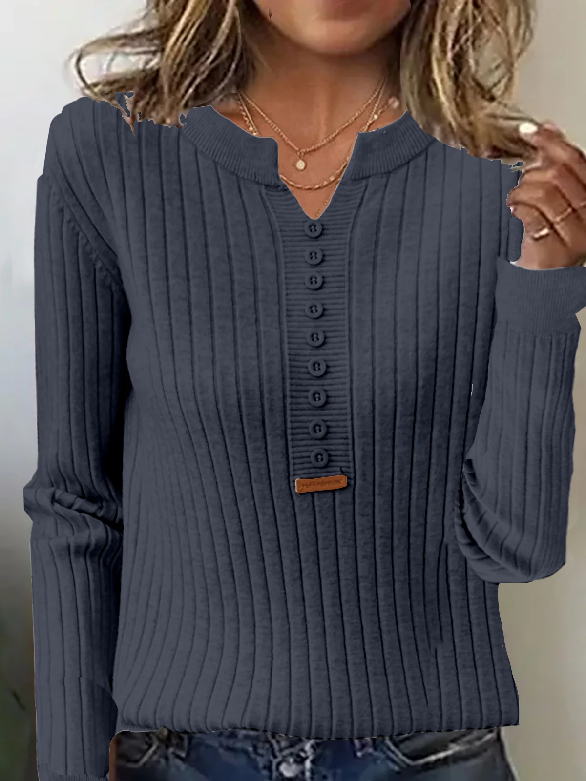 Women's Buckle Spring/Fall Plain Casual Long Sleeve Notched Yarn/Wool Yarn Sweater