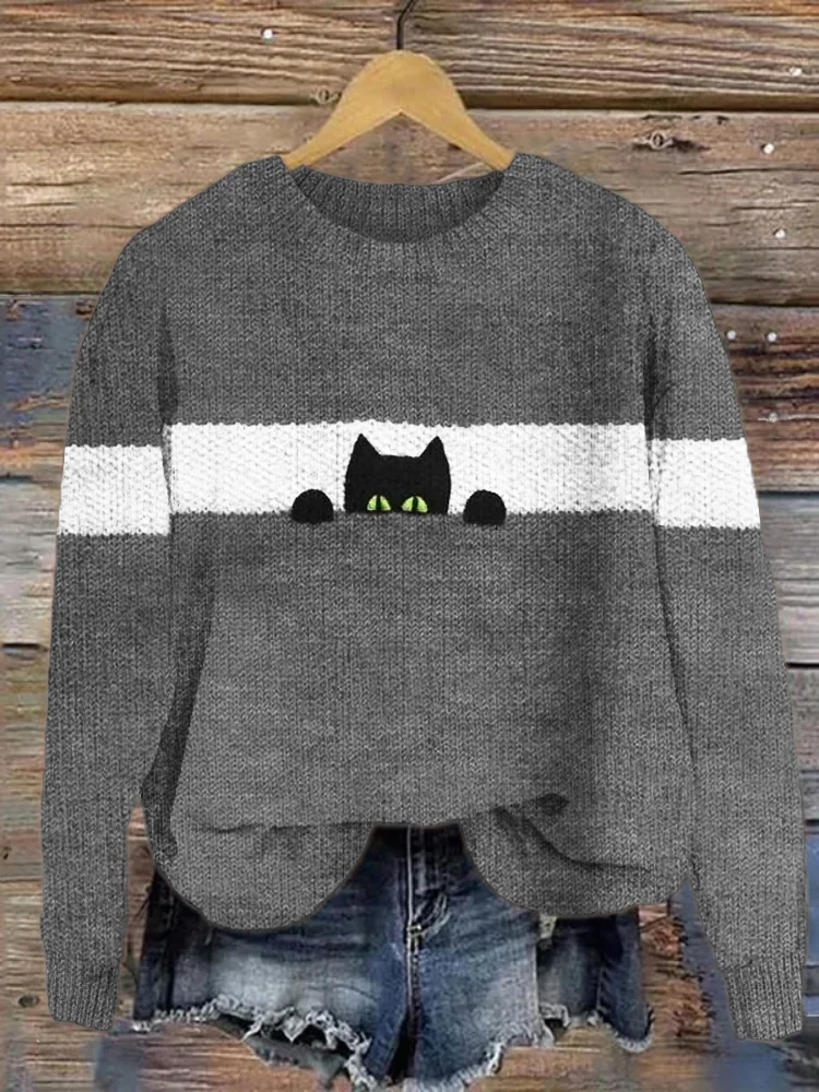 Women's Winter Cat Casual Long Sleeve Crew Neck Knitted Sweater