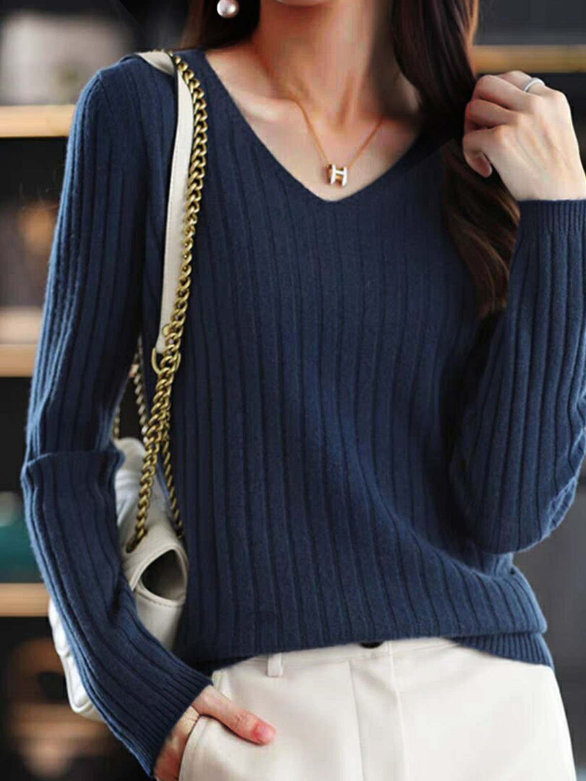 Women's Spring/Fall Plain Casual Long Sleeve V Neck Yarn/Wool Yarn Sweater