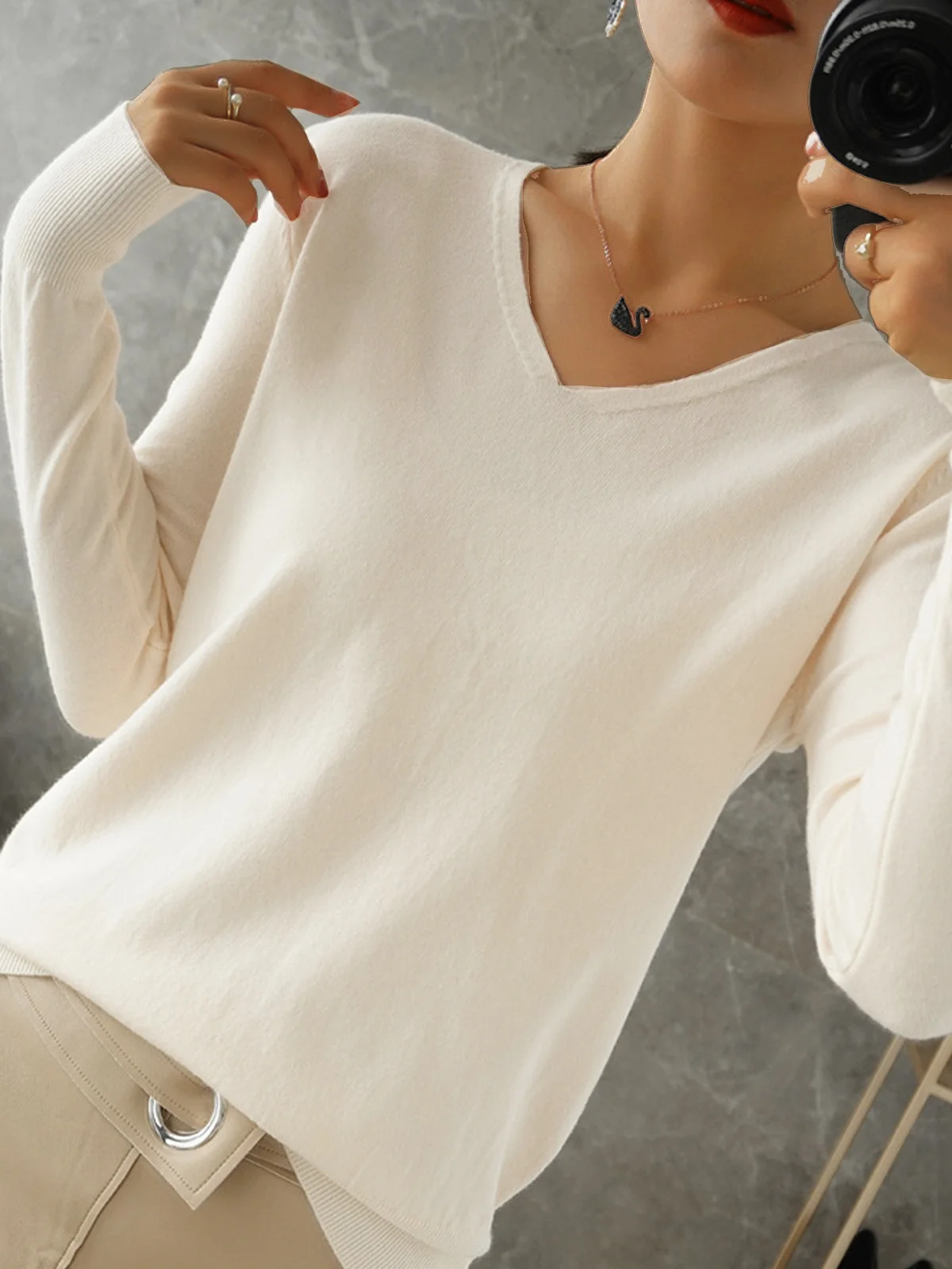 Women's Spring/Fall Plain Casual Long Sleeve V Neck Yarn/Wool Yarn Sweater