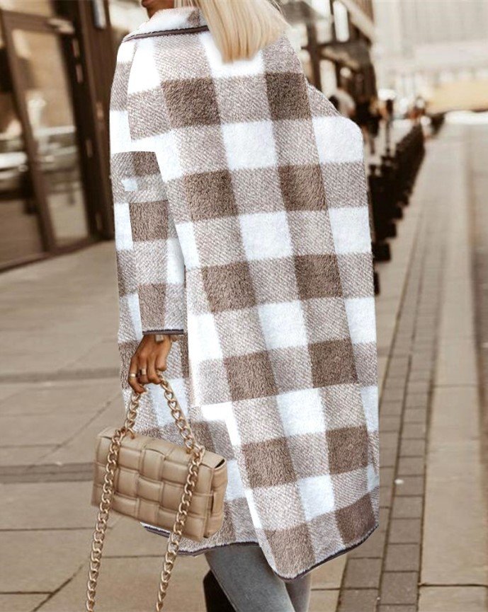 Women's Spring/Fall Outerwear Casual Fluff/Granular Fleece Fabric Plaid Long Sleeve Jacket