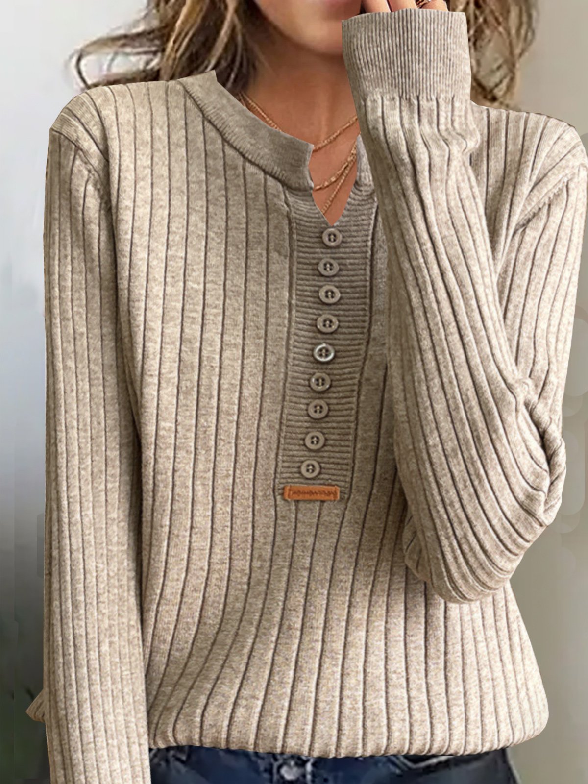 Women's Buckle Spring/Fall Plain Casual Long Sleeve Notched Yarn/Wool Yarn Sweater