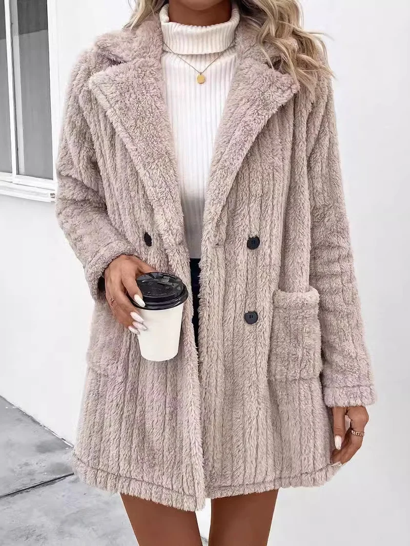 Women's Winter Outerwear Fluff/Granular Fleece Fabric Casual Buttoned Plain Long Sleeve Lapel Collar Fleece Coat